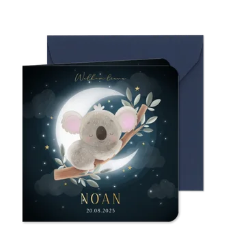 Lief geboortekaartje met koala op tak en maan en sterren